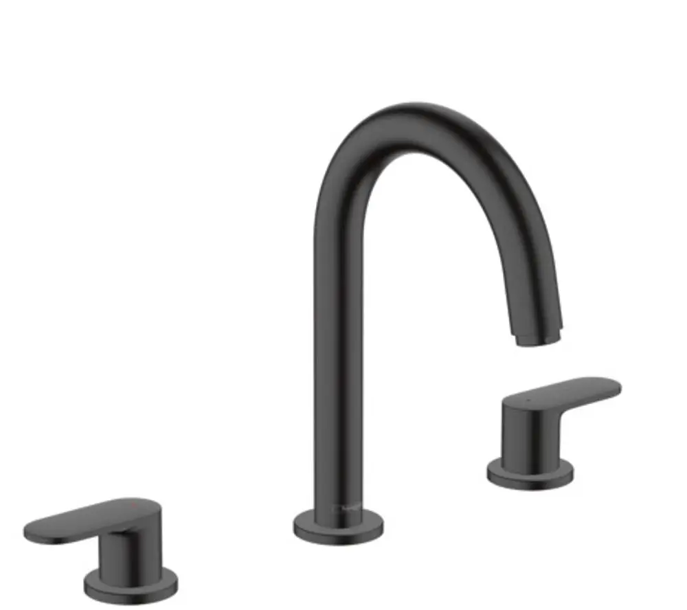 Waschtischarmatur von Hansgrohe in Mattschwarz mit zwei Bedienhebeln und hohem Auslauf, geeignet für eine 3-Loch-Installation.